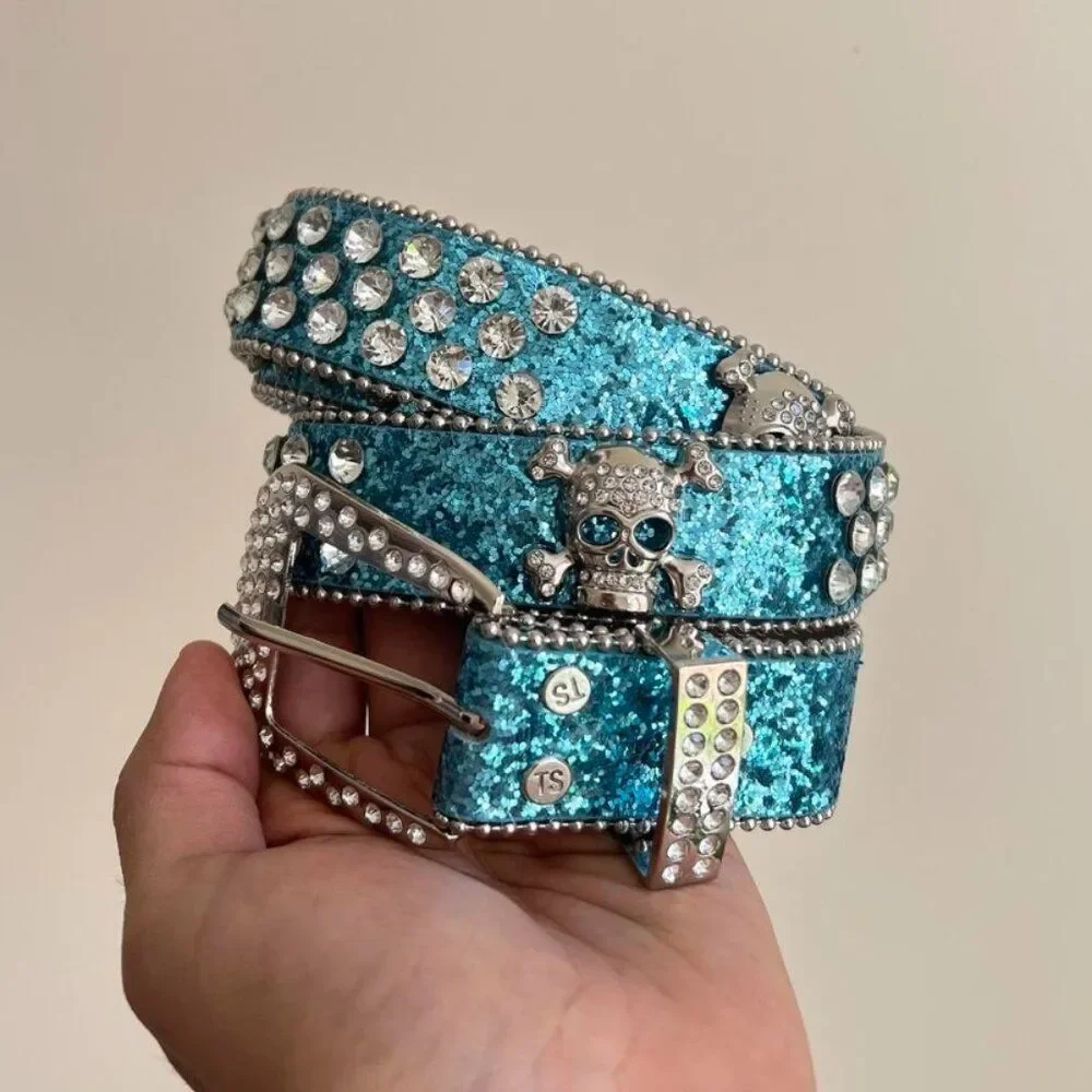 y2k 2000s skull bones blue rhinestone crystal grunge goth emo punk belt